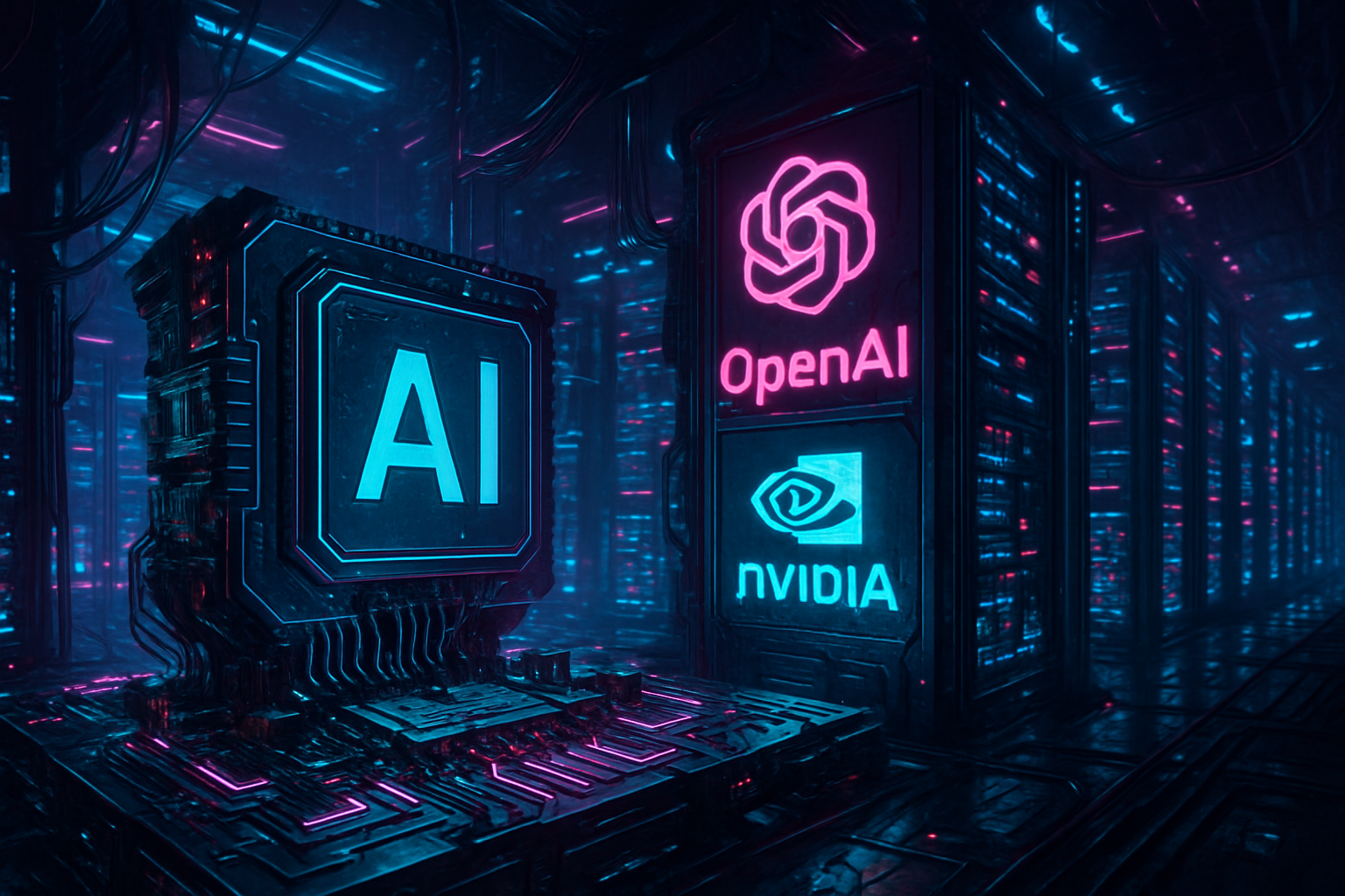 OpenAIとNvidiaのAIチップ取引を表現したサイバーパンク風の画像